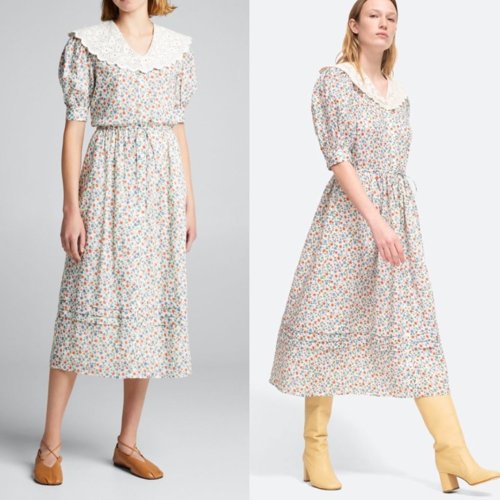 Sea New York Bubbie Puff Sleeve Ditsy Floral Ruffle Midi Dress Size 4 - Picture 2 of 7